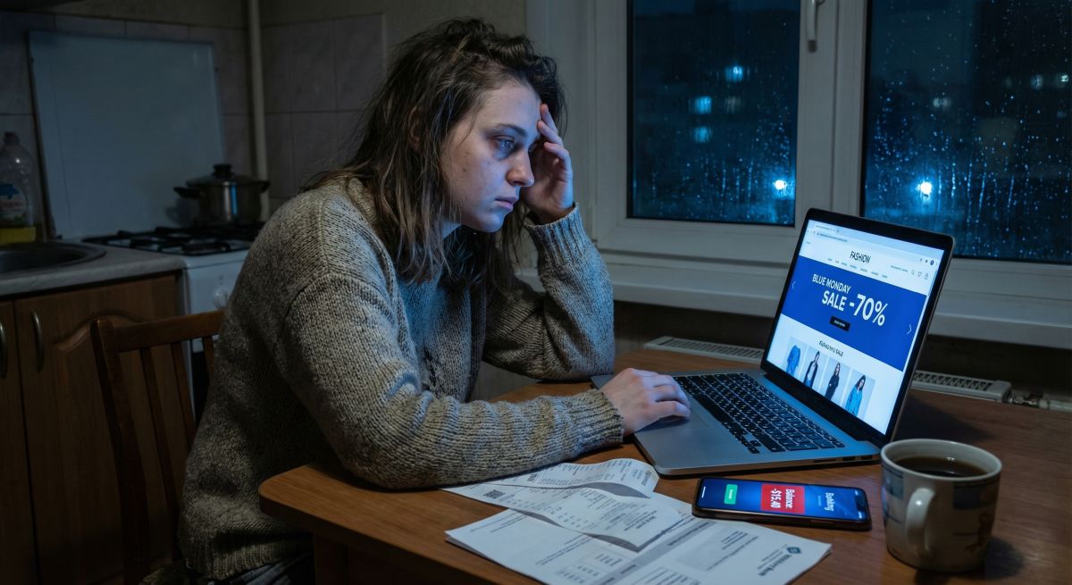 Zmęczona młoda kobieta siedzi wieczorem w kuchni przy laptopie z wielkim napisem „Blue Monday sale -70%”, obok leżą rachunki i telefon z aplikacją bankową oraz kubek herbaty; jej zatroskana mina sugeruje zastanawianie się, czy zakupy w Blue Monday to dobry pomysł przy napiętym budżecie.