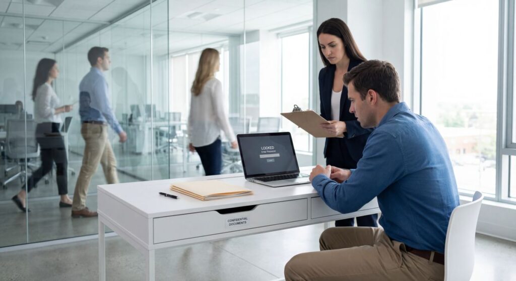 Mężczyzna siedzi przy białym biurku z laptopem zablokowanym hasłem, obok stoi współpracowniczka z clipboardem, a na szufladzie widnieje napis „confidential documents”; w tle widać przeszklone biuro, co ilustruje, że porządek na biurku pomaga chronić dane osobowe.