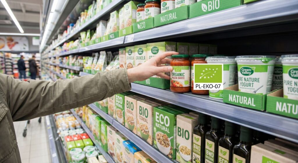 Ręka sięga po słoik sosu pomidorowego z napisem „organic” na półce supermarketu pełnej zielonych opakowań z określeniami „bio”, „eko” i „natural”, obok widoczny jest unijny zielony listek z kodem „PL-EKO-07”, co ilustruje wymagane oznaczenia dla legalnie certyfikowanej żywności ekologicznej.