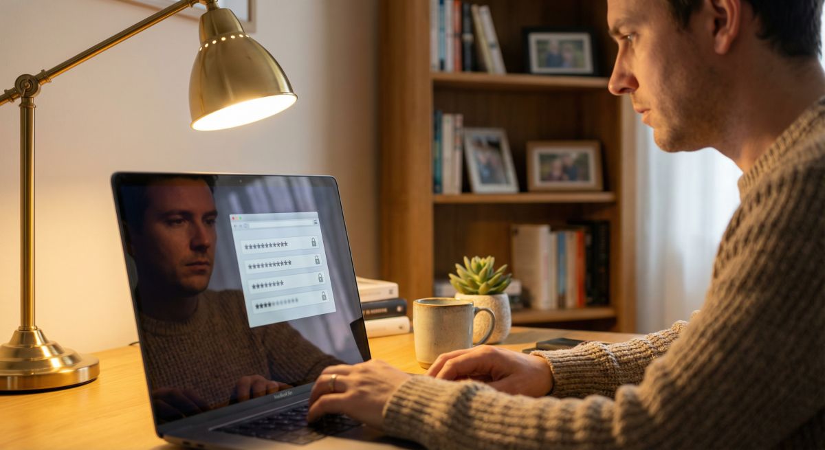Mężczyzna siedzi wieczorem przy biurku w domowym gabinecie i pracuje na laptopie, na którego ekranie widać listę pól z zamaskowanymi hasłami oraz ikonami kłódek, co ilustruje korzystanie z menedżera haseł zamiast samodzielnego ich zapamiętywania.