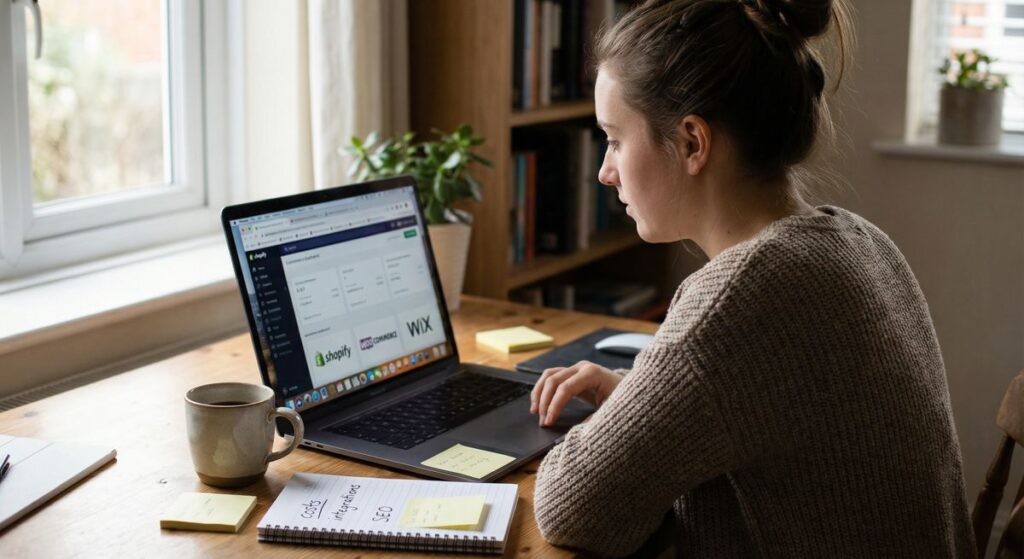 Młoda kobieta siedzi przy domowym biurku z kubkiem kawy i pracuje na laptopie, na którego ekranie widać panel e-commerce z logotypami Shopify, WooCommerce i Wix; obok leży notes z hasłami „koszty, integracje, SEO”, co ilustruje wybór łatwej w obsłudze platformy sklepu internetowego dla małego biznesu.