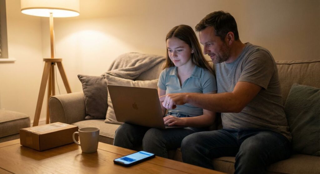 Wieczór w salonie: ojciec i nastoletnia córka siedzą na kanapie i wspólnie przeglądają laptopa; mężczyzna wskazuje coś na ekranie. Na stoliku leży smartfon z otwartą aplikacją, kubek oraz mała paczka, w tle świeci stojąca lampa.