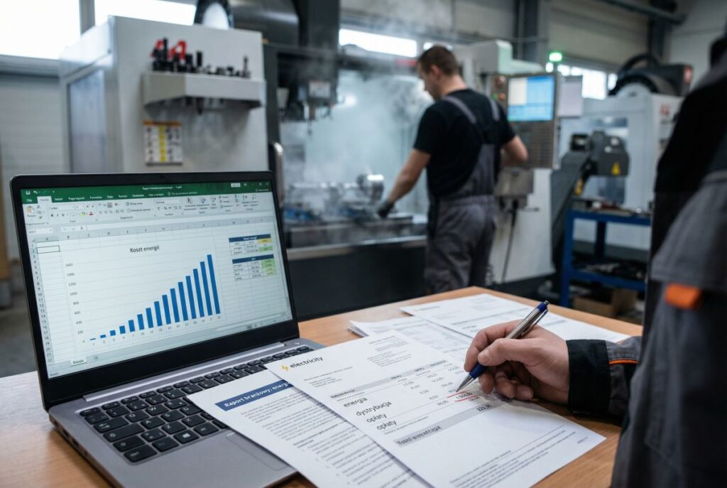 Biuro przy hali produkcyjnej: na laptopie arkusz z wykresem „Koszt energii”, obok faktury i dokumenty, pracownik w odzieży roboczej notuje długopisem; w tle operator obsługuje maszynę wśród pary/pyłu