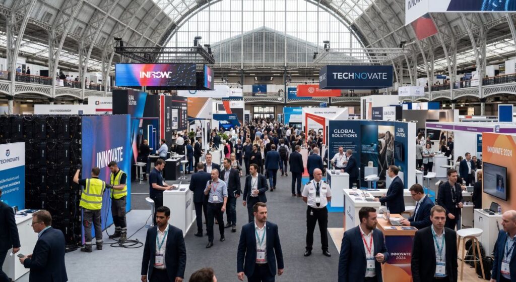 Hala targowa pełna stoisk i uczestników podczas inspekcji targów oraz wystaw branżowych