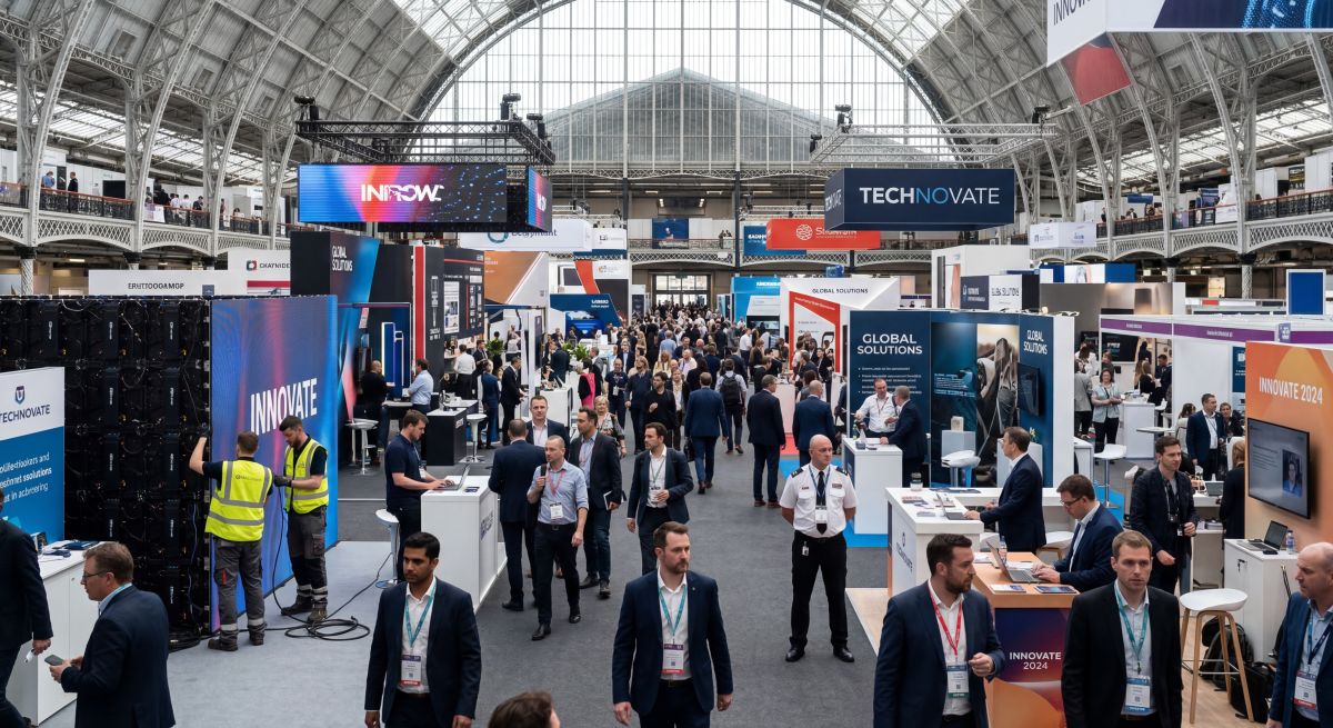 Hala targowa pełna stoisk i uczestników podczas inspekcji targów oraz wystaw branżowych