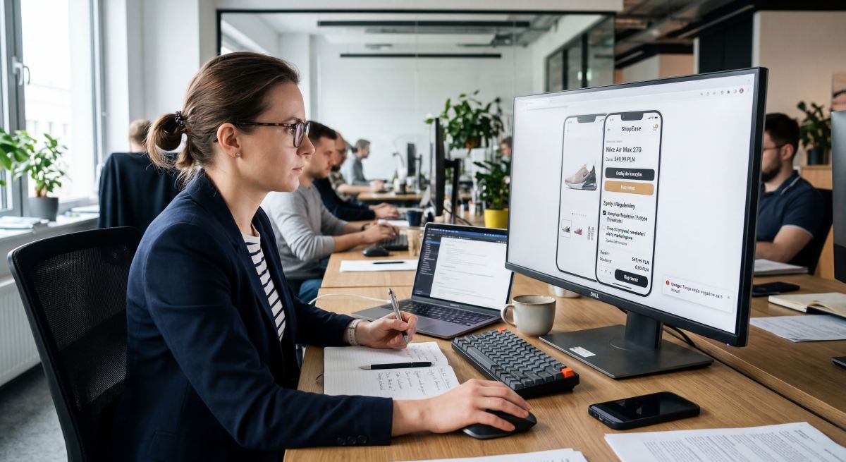 Specjalistka analizuje interfejs mobilnej aplikacji zakupowej na ekranie komputera podczas kontroli i testów