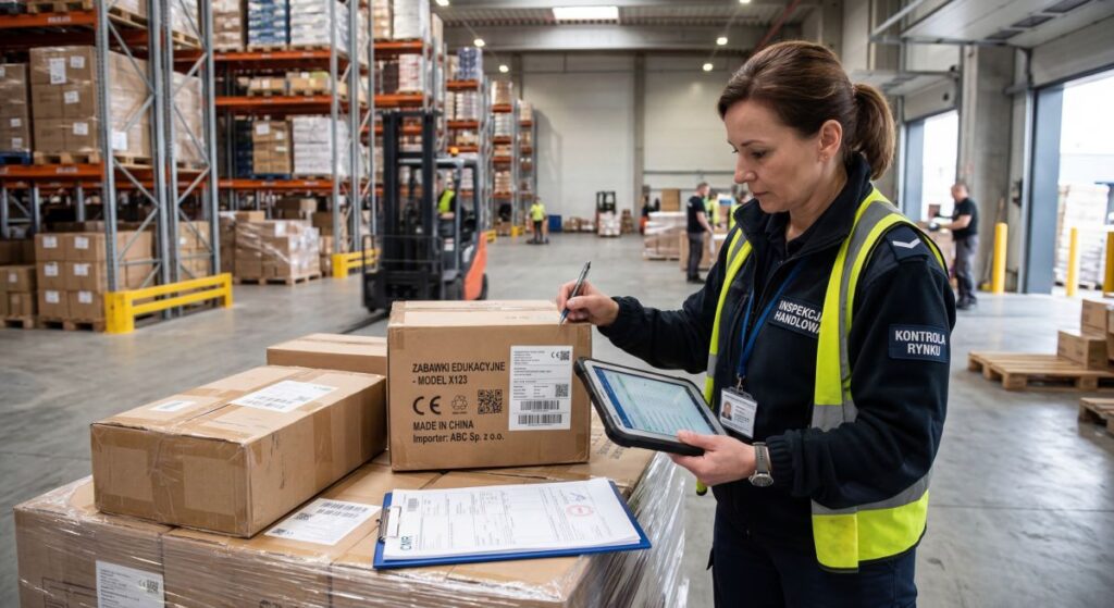 Inspektorka handlowa analizuje oznaczenia kartonów i dane kontrolne w magazynie, ilustrując raporty oraz statystyki Inspekcji Handlowej