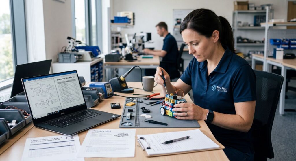 Specjalistka testuje zabawkę edukacyjną STEM w pracowni, ilustrując wpływ nowych regulacji na rynek edukacji