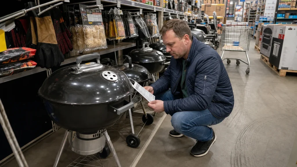 Klient ogląda etykietę grilla węglowego na sezonowym stoisku marketu budowlanego.