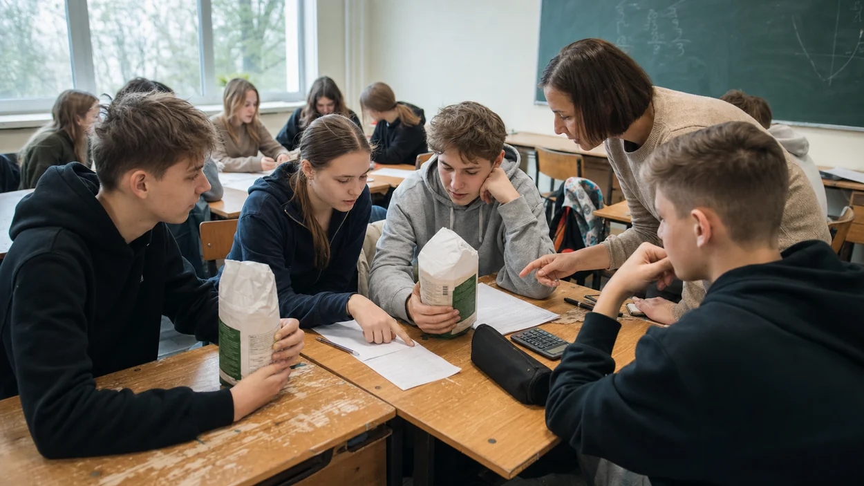 Uczniowie porównują paragony i opakowania produktów podczas warsztatów w klasie szkolnej.