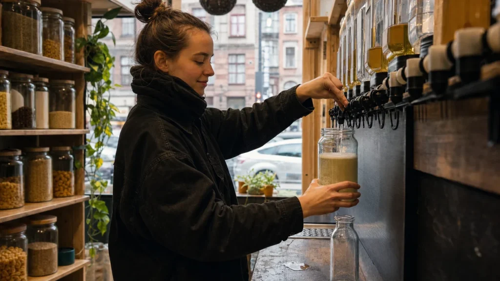 Klientka napełnia własny słoik płynem ze stacji refill w sklepie z produktami na wagę.