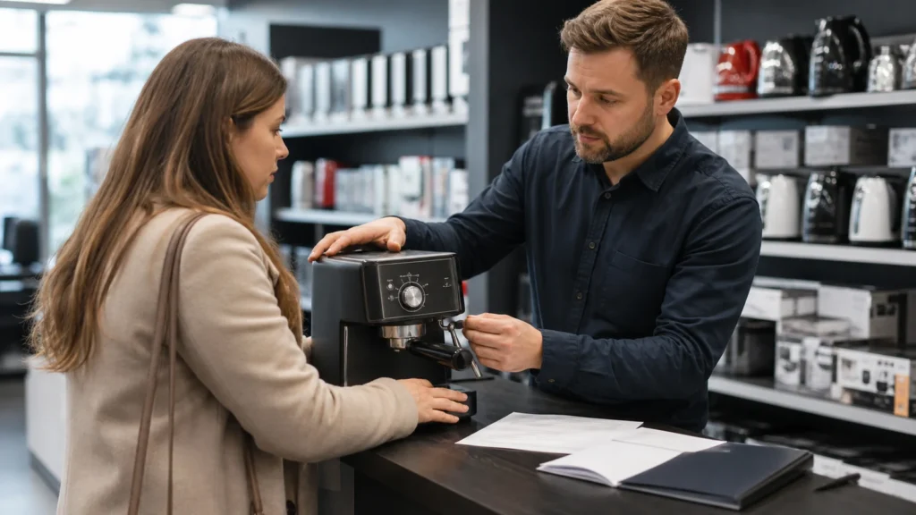 Klientka składa reklamację przy ladzie sklepu ze sprzętem AGD, sprzedawca wypełnia formularz.