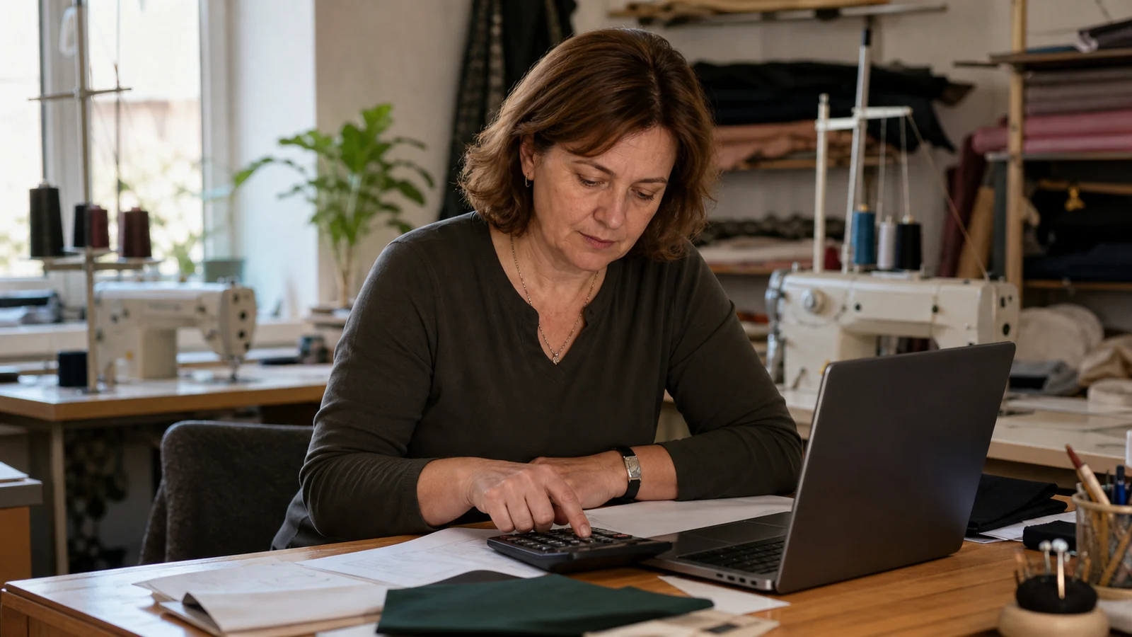 Właściciel małej firmy przegląda rozliczenia ZUS na laptopie przy biurku w warsztacie.