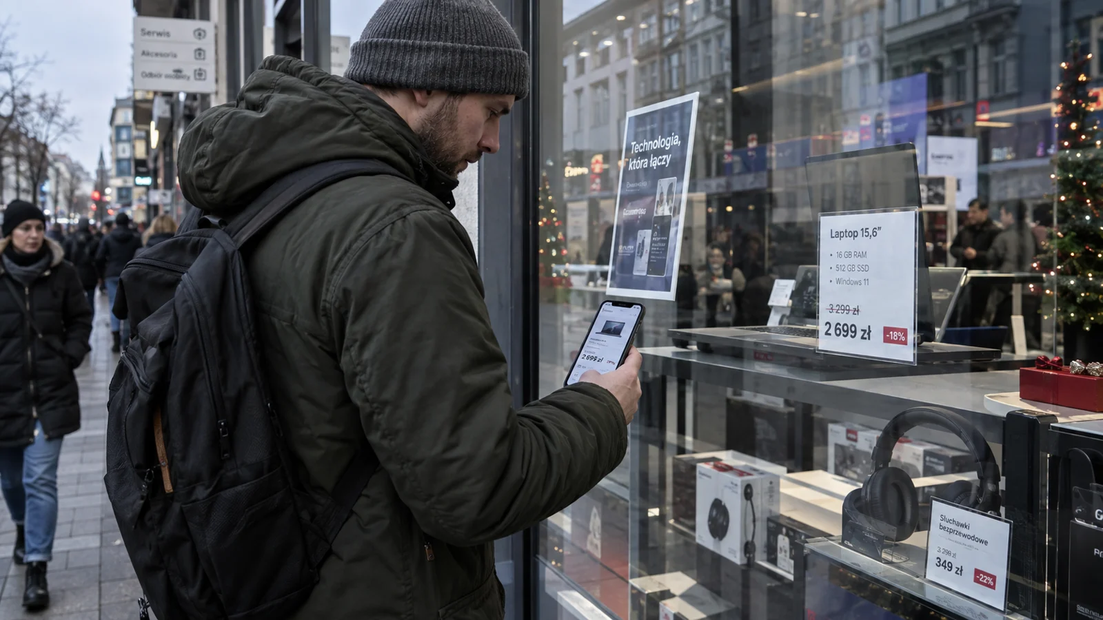 Kupujący porównuje ceny produktów na ekranie telefonu w sklepie.